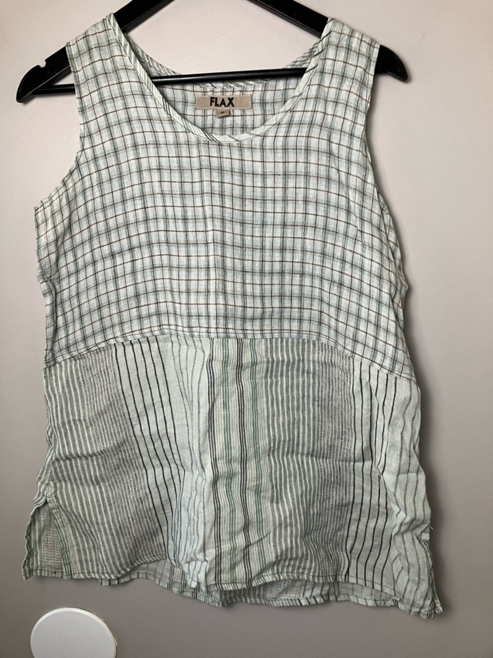 FLAX 100% Linen Sleeveless Tank Top Size Small Mixed Plaid Stripe Lagenlook